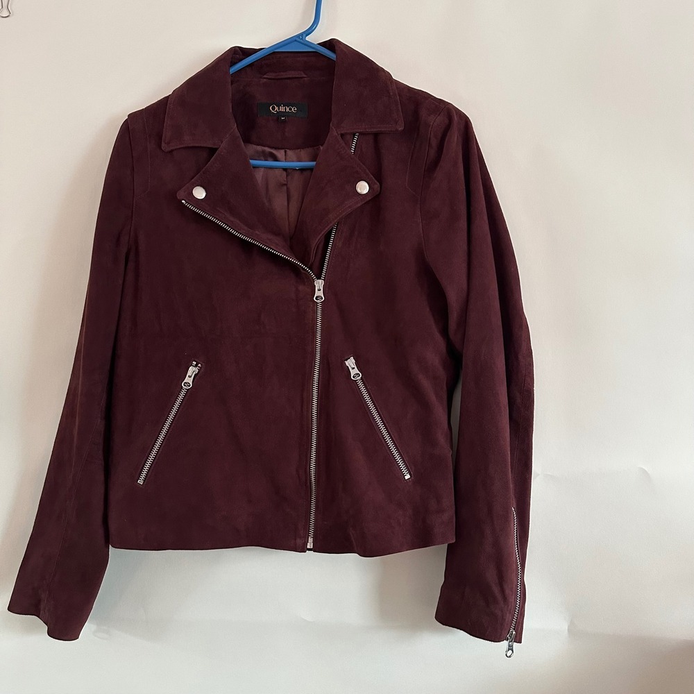 Quince Burgundy Suede Moto Jacket Womens Medium Wine Red Asymmetrical Zip Biker